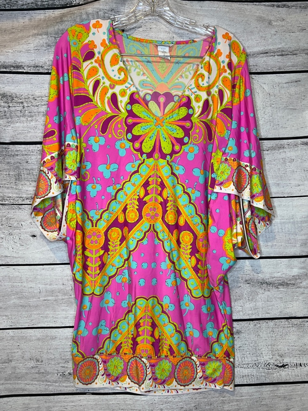 Trina Turk Woodblock Batik Boho Chic Pink Floral Swim Coverup Tunic Dress Size M - Picture 3 of 11